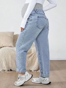 SHEIN Maternity Cuffed Light Blue Casual Fall Autumn Winter Halloween Christmas New Year Thanksgiving Versatile Jeans With Belt Loops Maternity Jeans Y2k Cute Party Streetwear Techno Birthday Airport Mom Jeans Low Rise Women Baggy Jeans Thermal Lined Jeans - Blue - View 2