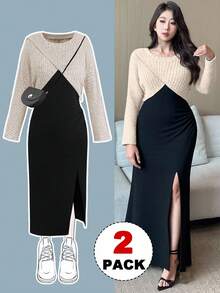 Sweetra Plus Size Women's 2pcs/Set: Ribbed Asymmetrical Design Top + Strap Slit Pleated Contrast Color Dress, Autumn/Winter Fall Cloth For Women