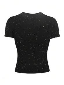 INAWLY 女式修身闪亮亮片装饰加大码T恤 - 黑色 - 查看 2