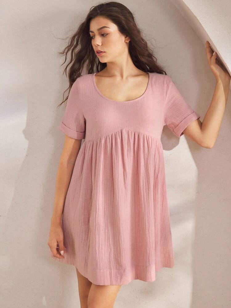Ocili Robe décontractée à col rond et manches courtes de couleur unie, vêtement d'été pour la maison - Rose bonbon - Voir 5