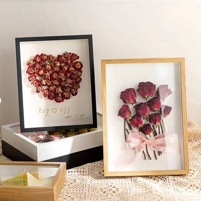 SHEIN 1 Piece, 6-10 Inches, Wooden Dried Flower Frame, Driftwood Dark Box Embossed Frame Double Acrylic Photo Frame Desktop DIY Gift For Family And Friends Rectangular, Original Wood Color, Black, White, Brown. (Glue + Ribbon) Gifts Birthday Graduation