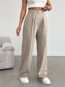 EURMUSE 大码女式灰色混色高腰阔腿裤，带纽扣和拉链细节 - 米色 - 查看 5