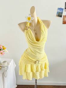 Soleia Women's Holiday Soft Yellow Textured Knit Draped Neck Metal Decor Shoulder Strap Swing Hem Double Layer Metal Button Closure Fitted Mini Dress, Sexy Slim Fit Fashion For Party, Date, Valentine's Day, Western, Cruise, Holiday, Beach, Music Festival, Boho Vacation Butter Yellow Dress Yellow Mini Dress Love And Lemonade Dress Yellow Vacation Dress Yellow Dress Summer Love And Lemonade Dresses Halter Neck Dress For Woman Yellow Sundress Women Yellow Halter Dress - Light Yellow - View 8