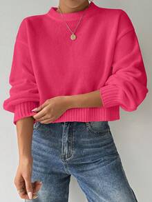 EMERY ROSE 女士纯色简约休闲圆领长袖白色毛衣 - 玫紅色 - 查看 4