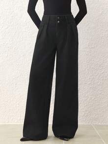 SHEIN Frenchy 女式高腰褶皱阔腿宽松休闲百搭牛仔裤 - 黑色 - 查看 8