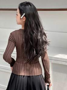 Dazy Kids Tween Girls Crew Neck Fitted Knit T-Shirt, Fall - Brown - View 3