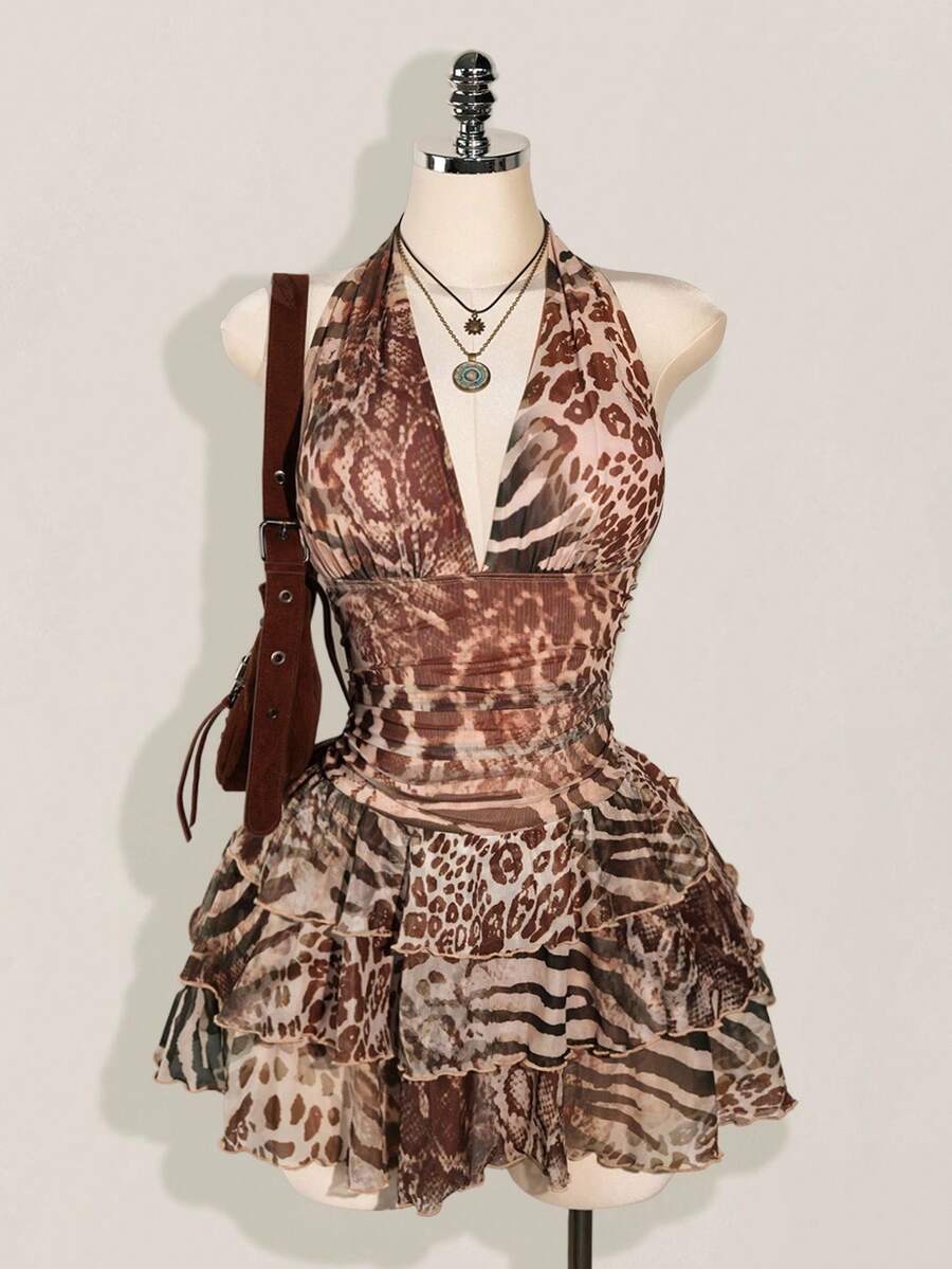 SHEIN ICON Vestido de malla con cuello halter, cintura fruncida y estampado de leopardo en talla grande - Multicolor - Ver 1