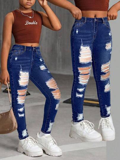 SHEIN Tween Girl Fashion Casual Vintage Y2k Cut Out Ripped Frayed Design Comfortable Loose Soft Blue Stretch Skinny Jeans Soft Dailywear And Fall And Autumn Or Winter Back To School Homecoming Rave Festival And Beach Ripped Jeans Y2k Fashion Stone Washed High Waist Ripped Skinny Denim Long Jeans