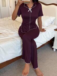 SHEIN Bộ 2 món áo sơ mi lụa sữa tay ngắn và quần dài cổ chữ V màu tím, thiết kế ngắn trước dài sau, kiểu dáng tối giản, thoải mái cho nữ, Côtesoire - Màu tím - Xem 5