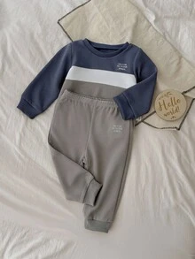 SHEIN 2pcs Boys Casual Colorblock Sweatshirt Set, Navy Blue Gray White Striped Crew Neck Top + Jogger Pants, Autumn/Winter Fall - Multicolor - View 4