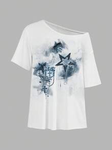 SHEIN EZwear Casual Minimalist Pentagram Print Off Shoulder Loose Short Sleeve T-Shirt For Women - Multicolor - View 2