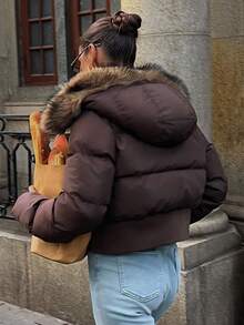 Women's Fluffy Trim Hooded Padded Coat, Winter Jacket - Coffee Brown - View 6