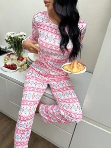 ZzzCrew 粉色爱心雪花印花长袖上衣和裤子休闲女式睡衣套装，秋冬服装，圣诞节礼物 - 粉色 - 查看 5