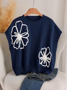 CosyJoli 大码女式3D花卉图案针织毛衣，秋季休闲装 - 藏蓝色 - 查看 1