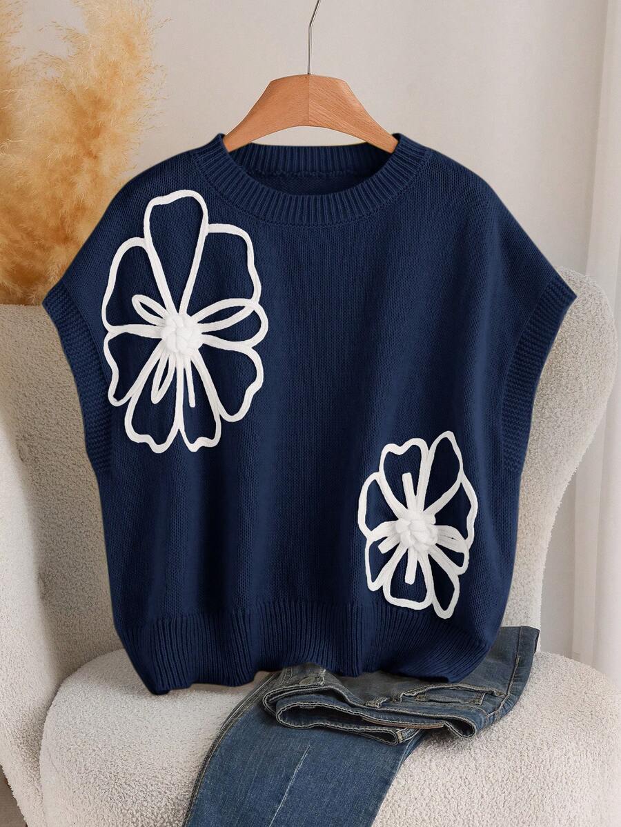 CosyJoli 大码女式3D花卉图案针织毛衣，秋季休闲装 - 藏蓝色 - 查看 1