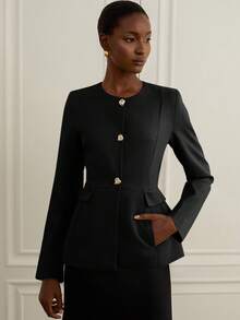 Revavyn Áo khoác Blazer tay dài dáng rộng cổ tròn khóa kim loại màu trơn thanh lịch tối giản sang trọng cổ điển đa năng dành cho nữ đi làm - màu đen - Xem 2