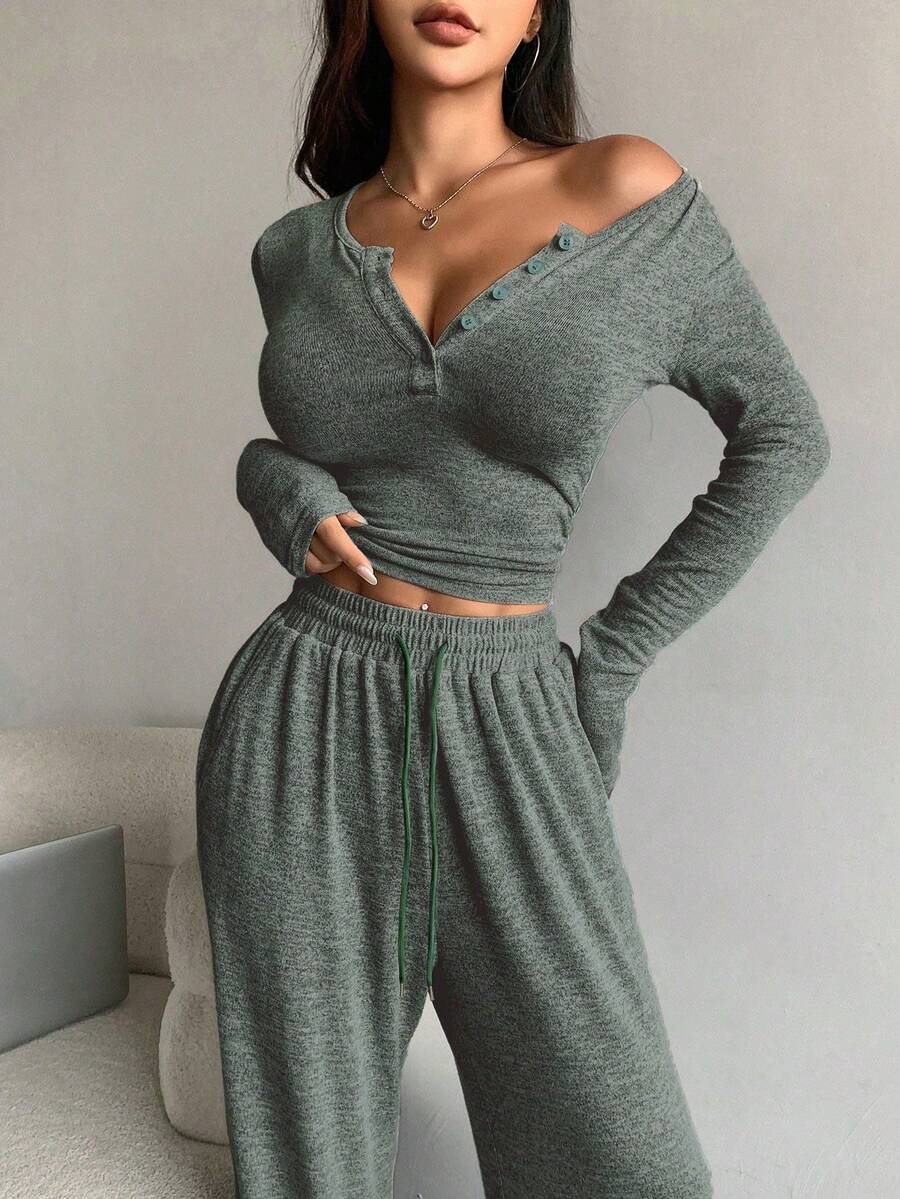 DAZY Bộ đồ thể thao nữ mùa thu gồm áo và quần màu trơn, kiểu dáng mở vạt trước, thích hợp mặc ở nhà. - Màu xanh lá cây đậm - Xem 1
