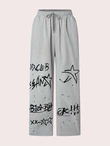 INAWLY 女士抽绳腰部字母五角星印花阔腿宽松休闲宽松长裤 - 灰色 - 查看 4