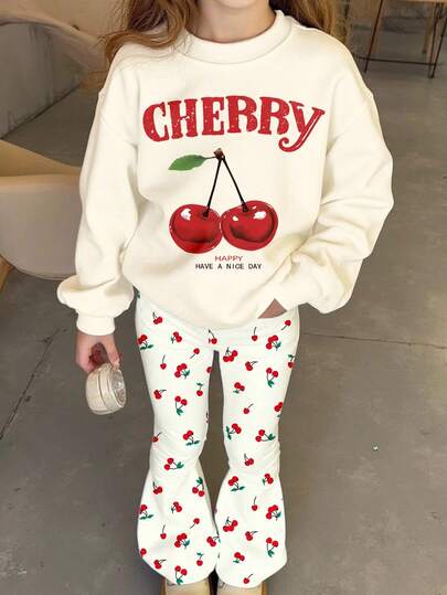 2pcs/Set Young Girl Cream Vintage Mini Heart & Cherry Print Casual Loose Fit Crew Neck Long Sleeve Sweatshirt, Suitable For Autumn/Winter Fall