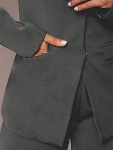 Silquee Conjunto de traje elegante de oficina para mujer, unicolor negro, diseño ajustado con blazer avanzado + pantalones anchos simples. Conjunto de traje adecuado para Acción de Gracias, Navidad, Año Nuevo. Traje de pantalón ancho para mujer.