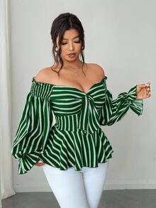 Elenzga Plus Size Off-Shoulder Long Sleeve Casual Vacation Blouse - Dark Green - View 5