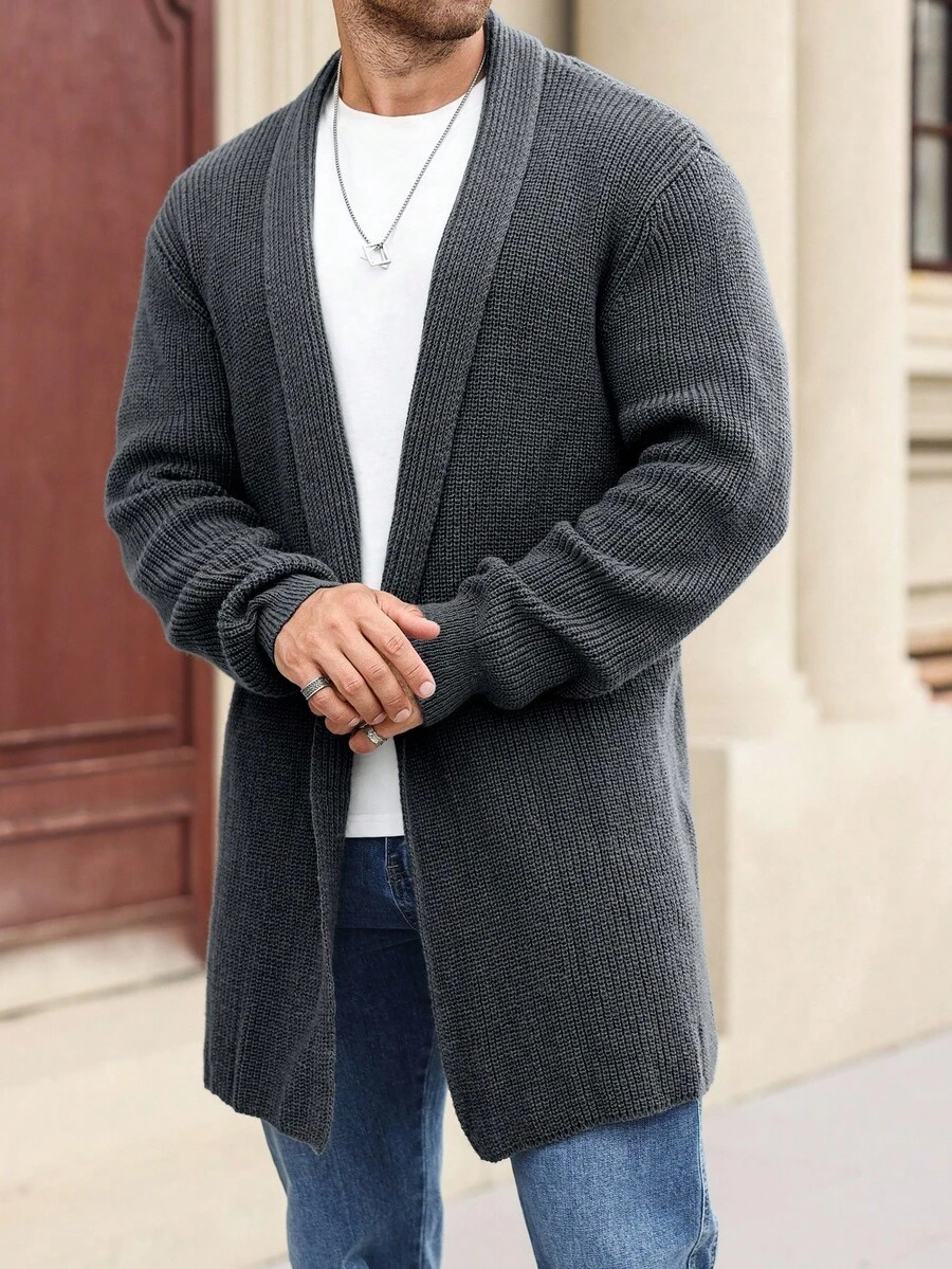 Manfinity Homme 男士休闲纯色长袖开衫,秋冬季百搭单品 - 深灰色 - 查看 1
