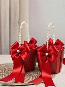 SHEIN 1PC Red Bow Faux Pearl Satin Flower Basket For Wedding Party Decoration New Year Gift Home Decor Bridal Bouquet Centerpiece - Red - View 10