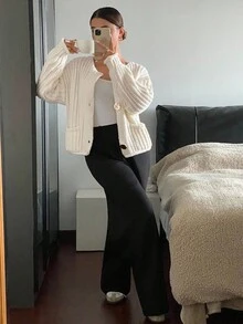 Siren Gaze 女士基本款纯色休闲日常纹理开衫，配有前纽扣和口袋，秋冬季保暖开衫，长袖上衣 - 杏色 - 查看 6