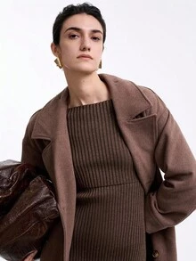 SHEIN LUNE 2pcs Maillard Long Sleeve Shawl Collar Cardigan & Ribbed Camisole Maxi Dress Set, Spring/Autumn - Coffee Brown - View 3