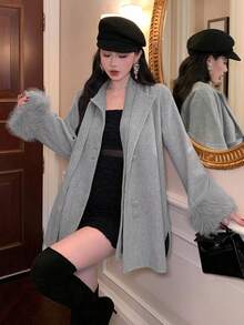 DAZY Women's Autumn/Winter Lace-Up Loose Fuzzy Sleeve Woolen Coat Jacket - Grey - View 3