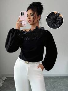 Elenzga 女士优雅通勤纯色 3D 花卉装饰不对称领衬衫 - 黑色 - 查看 5