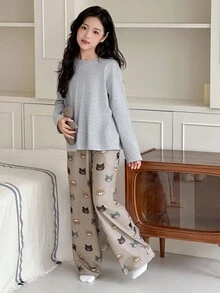 DAZY 2pcs/Set Girls Casual Long Sleeve T-Shirt And Cat Print Pants Homewear Set - Light Grey - View 1