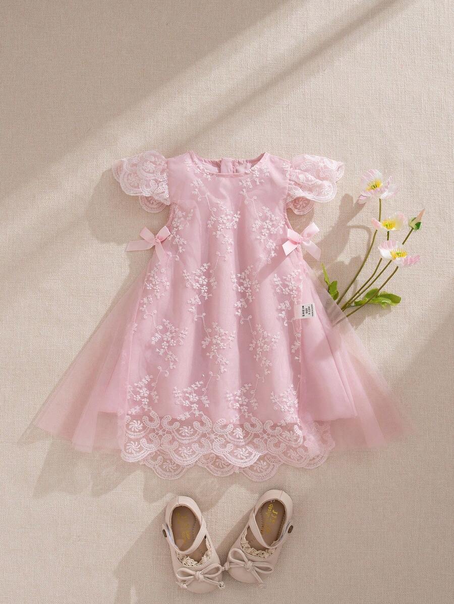 Souflis Souflis Infant/Baby Girl Princess Style Apricot Embroidered Mesh Bow Dress, Suitable For Birthday Party, Evening Event - Pink - View 1