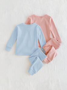 Cozy Pixies 2 pezzi Set pigiama aderente per bambina, top a girocollo a maniche lunghe e pantaloni in maglia morbida tinta unita