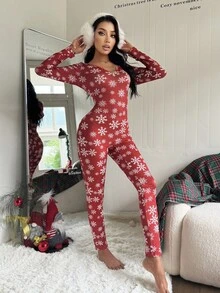 SHEIN ZzzCrew 圣诞雪花印花柔软修身长袖女士睡衣连体裤，秋季圣诞睡衣，女士圣诞睡衣，冬季 - 酒紅色 - 查看 6