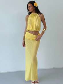 Aloruh 黄色性感透明露背露背短款上衣 + 超高开衩裙，度假装 - 黃色 - 查看 5