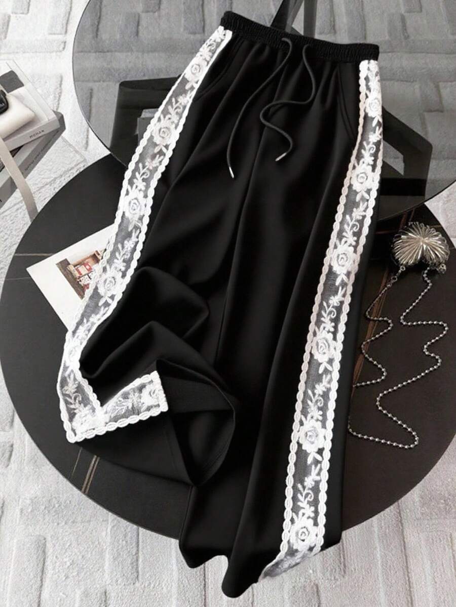Franclia 蕾丝边宽松直筒裤，送给朋友的礼物 - 黑色 - 查看 1
