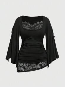 ROMWE Goth Áo thun cổ tròn tay cánh dơi rộng rãi phối ren cỡ lớn dành cho nữ - màu đen - Xem 1