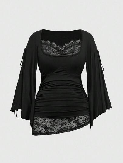 ROMWE Goth Spring/Summer PPlus Size Loose Batwing Sleeve Lace Trim Scoop Neck T-Shirt For Women