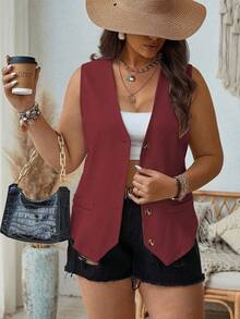 EMERY ROSE Plus Size Women's Solid Color Single-Breasted Casual Lightweight Vest - Burgundy - View 3