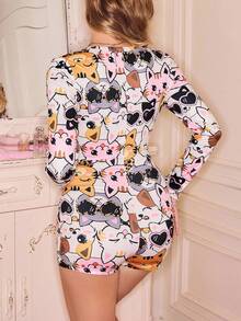 Cute Cat Cartoon Pattern Women's Pajama Jumpsuit, Fall - Multicolor - View 2