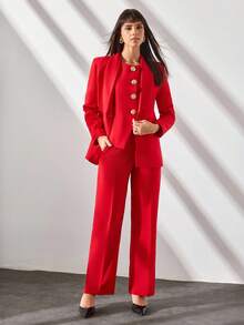 CLARA VERO Women's Red Gold Button Front Seam Detailed Wide Leg Good Quality Elegant Three Pieces Suit Set - Red - View 6