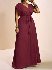 Veslaya Plus Size Summer Vacation Casual Solid Color Front Button Long Dress - Burgundy - View 6