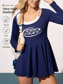 CourtClass Damen ärmelloses Kleid mit U-Ausschnitt, langen Ärmeln, personalisiertem Sportletter-Muster, A-Linie, Rüschensaum, figurbetonter Passform mit Futter-Shorts, Lässig Sport Tennis Kleid für den täglichen Gebrauch, Pickleball Kleid, Tennis Kleid mit langen Ärmeln, Aktivkleidung, Navy Tennis Kleid, Bauchkontrolle Tennis Kleid