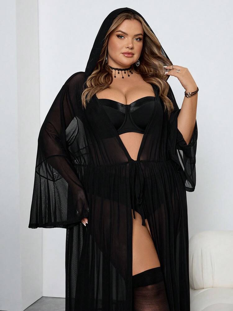 SHEIN CURVE+ Plus Size Women Gothic Style Flare Sleeve Hooded Sheer Dress - Black - View 6