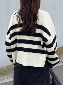 FRIFUL Women's Beige Round Neck Loose Casual Cardigan With Black Stripes, Metal Double-Zipper Cuffs, Versatile For Autumn - Black - View 5