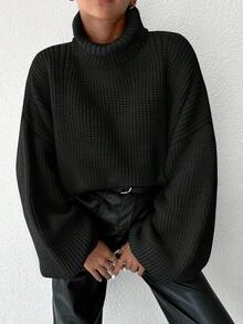 EURMUSE Turtleneck Drop Shoulder Ribbed Knit Sweater - Black - View 5