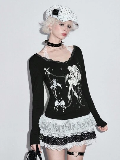 T-shirt à manches longues avec contraste de croix sombre et nœud, style anime d'Halloween (inclut un cache-cœur en dentelle et un ourlet en dentelle patchwork)