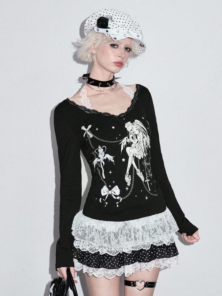 ROMWE T-shirt à manches longues avec contraste de croix sombre et nœud, style anime d'Halloween (inclut un cache-cœur en dentelle et un ourlet en dentelle patchwork)