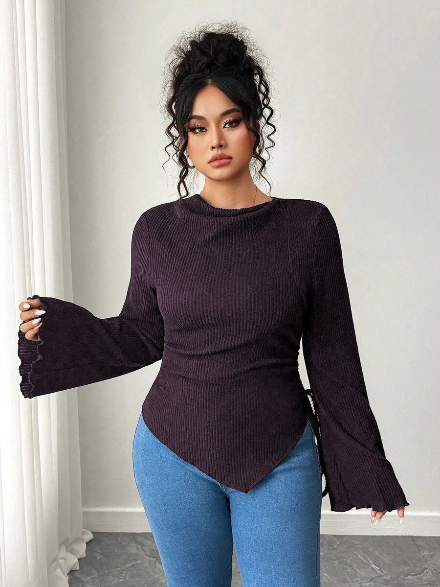 Elenzga Plus Size Casual Solid Color Asymmetric Hem Flare Sleeve T-Shirt Fall - Purple - View 1